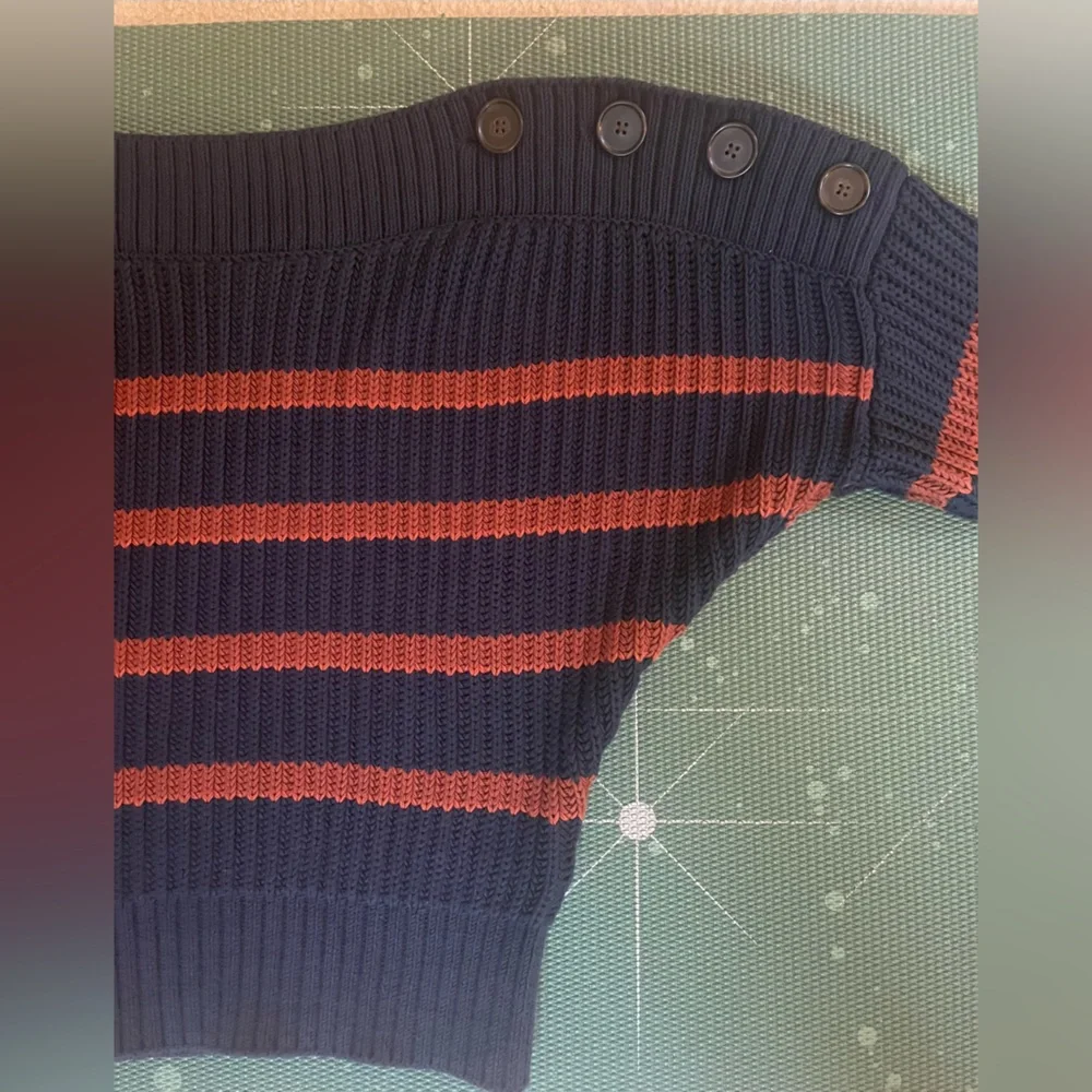 Banana Republic Boatneck Button Shoulder Striped Sweater Navy & Brown Sz Med - Picture 6 of 11